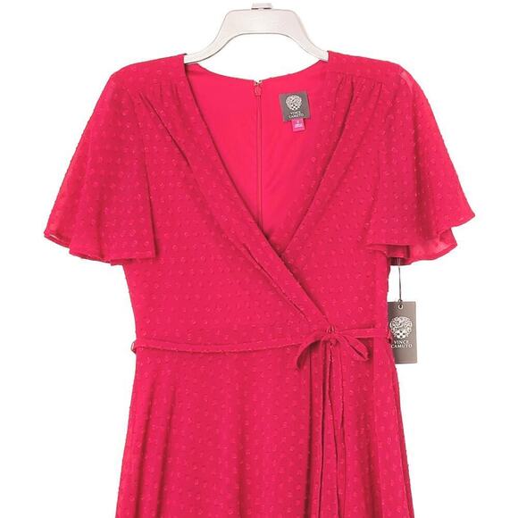 New VINCE CAMUTO Women's Clip Dot Flowy Fit & Flare Party Faux Wrap Midi Dress - Picture 7 of 11